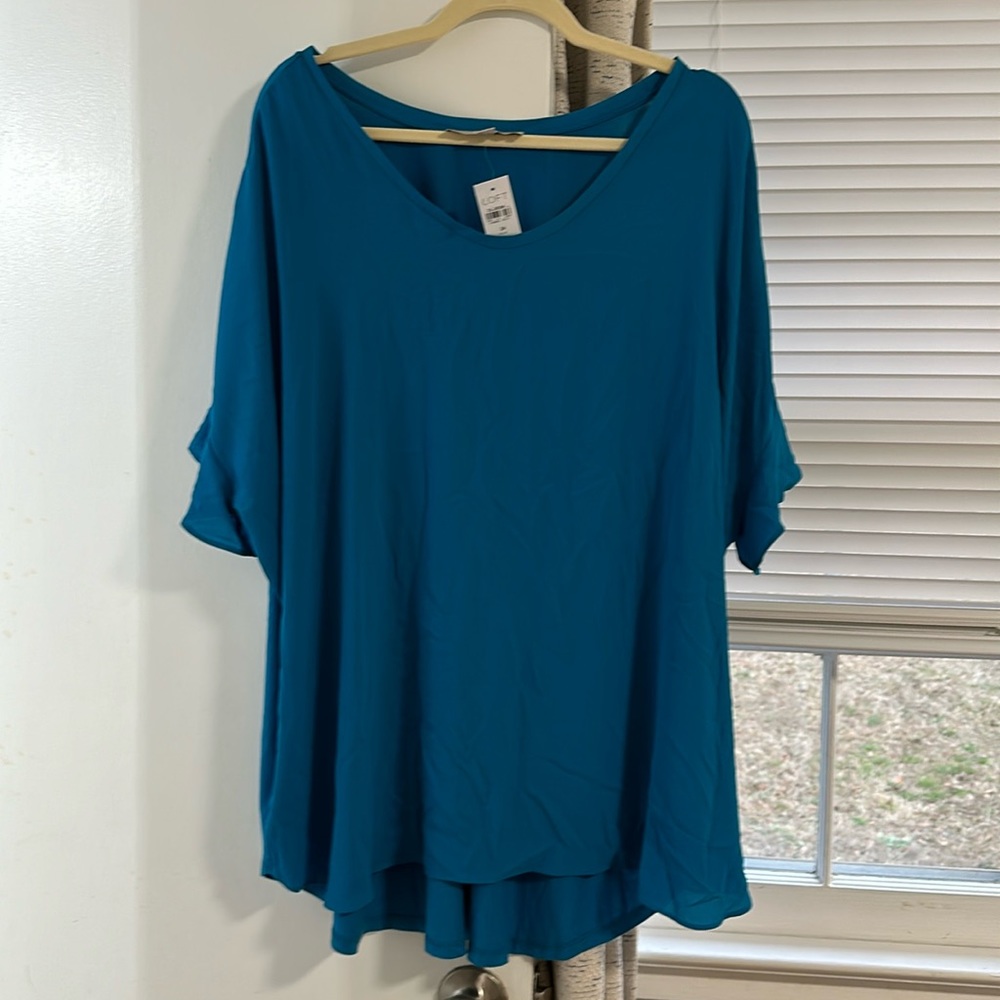 NWT LOFT SIZE 24 RAYON & POLYESTER TURQUOISE BLOUSE SHORT FLUTTER SLEEVED